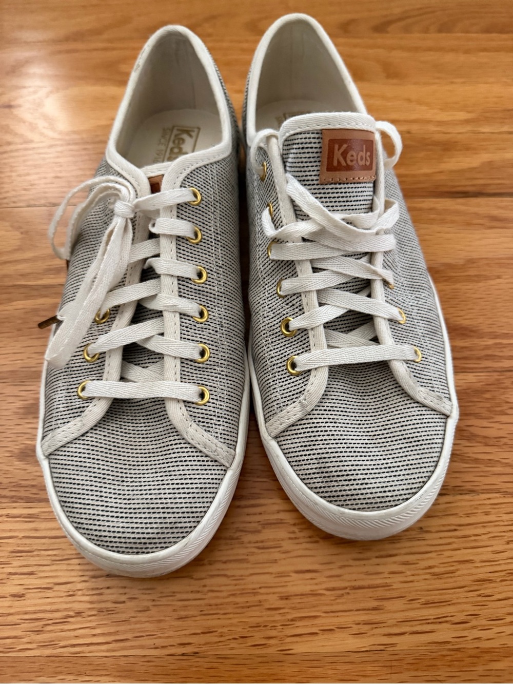 Keds Women’s Gray and White Knit Low-Top Sneakers with Gold Eyelets